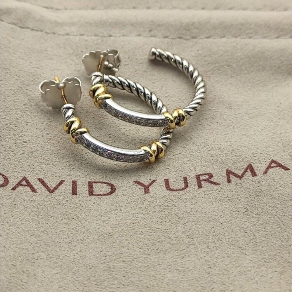 David Yurman Two-Tone Twisted Hoop Earrings with Gold Accents and Clear Stones